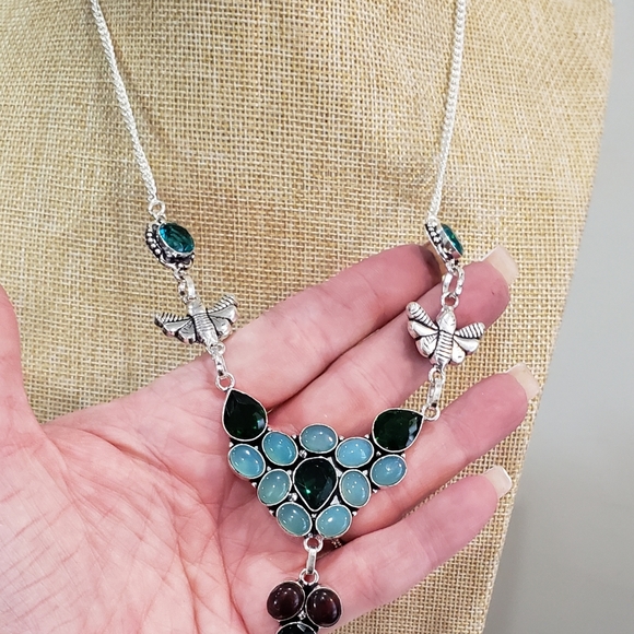 Aqua Chalcedony, Green Onyx, Garnet Gem 925 Statement Necklace - Picture 6 of 15